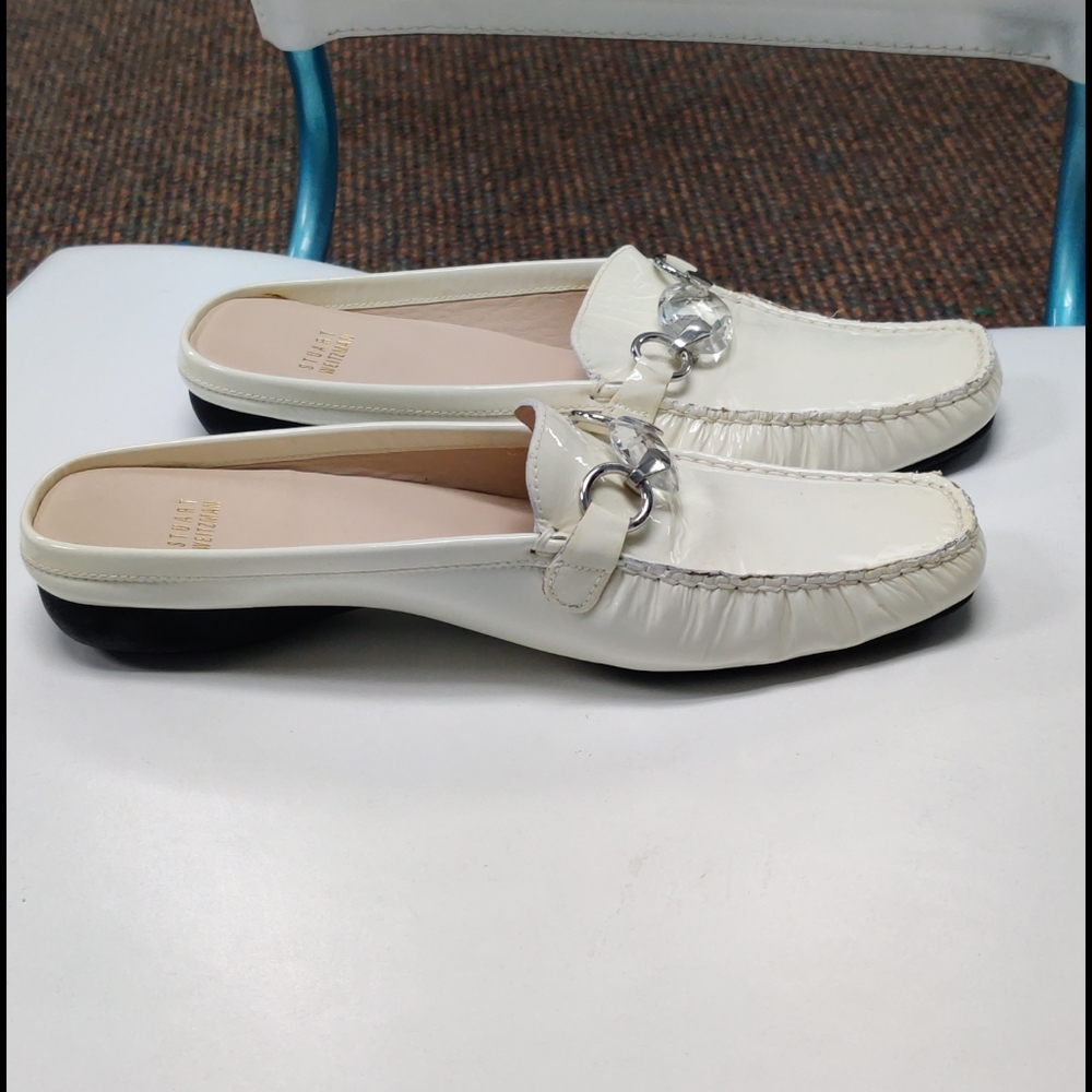 Stuart Weitzman white patent leather mules